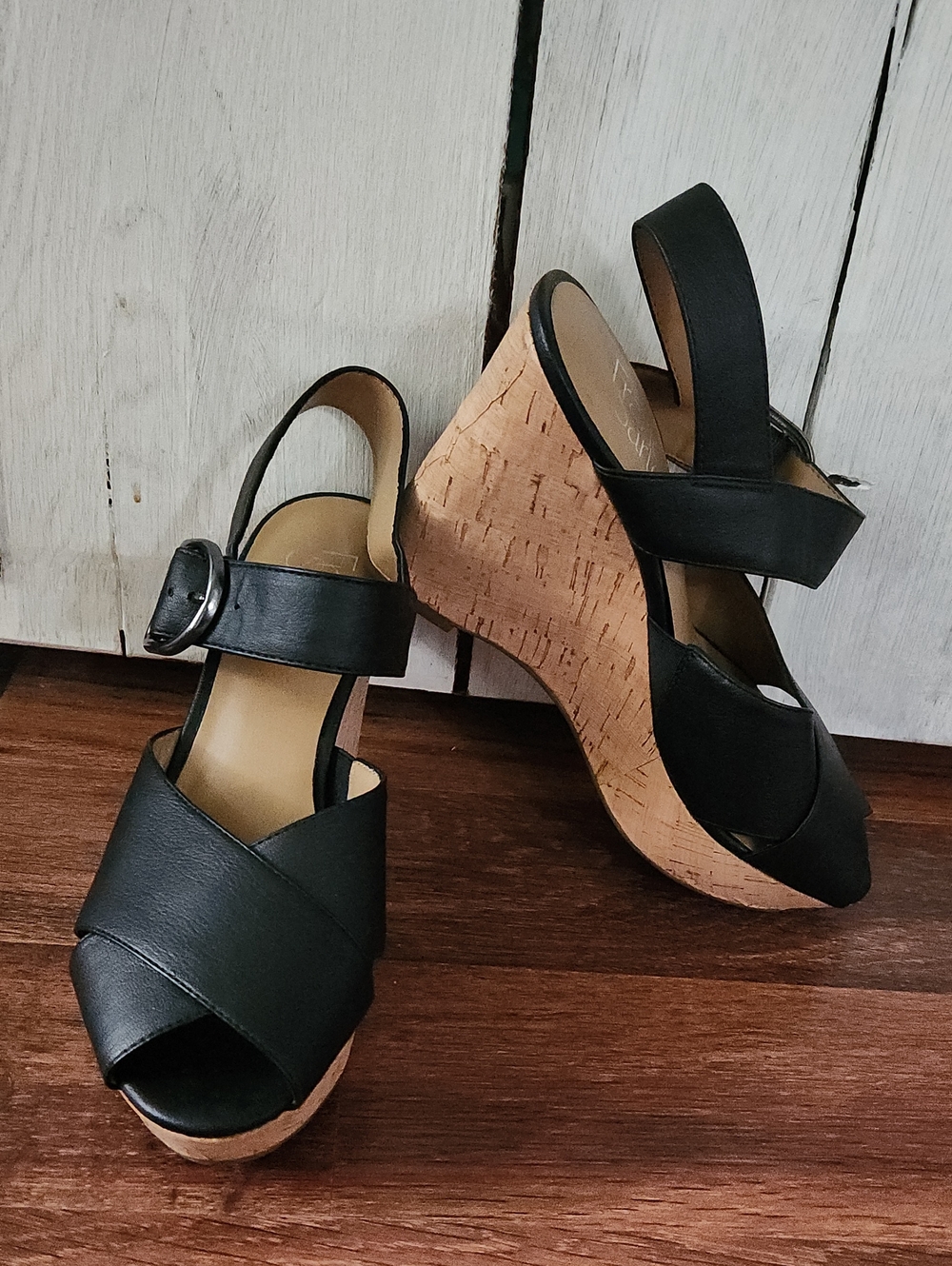 Franco Sarto Sarabeth Black Cork Wedge Sandals Women's Open-Toe Slingback Size 7